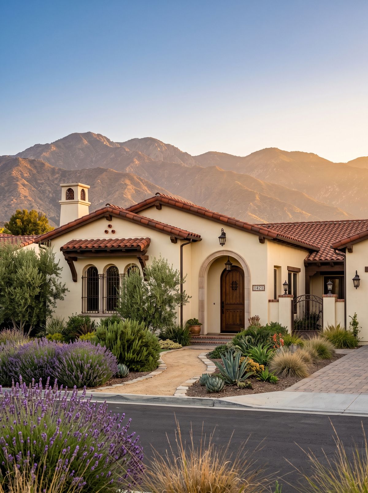 Inland Empire home at golden hour with the San Bernardino Mountains behind it
