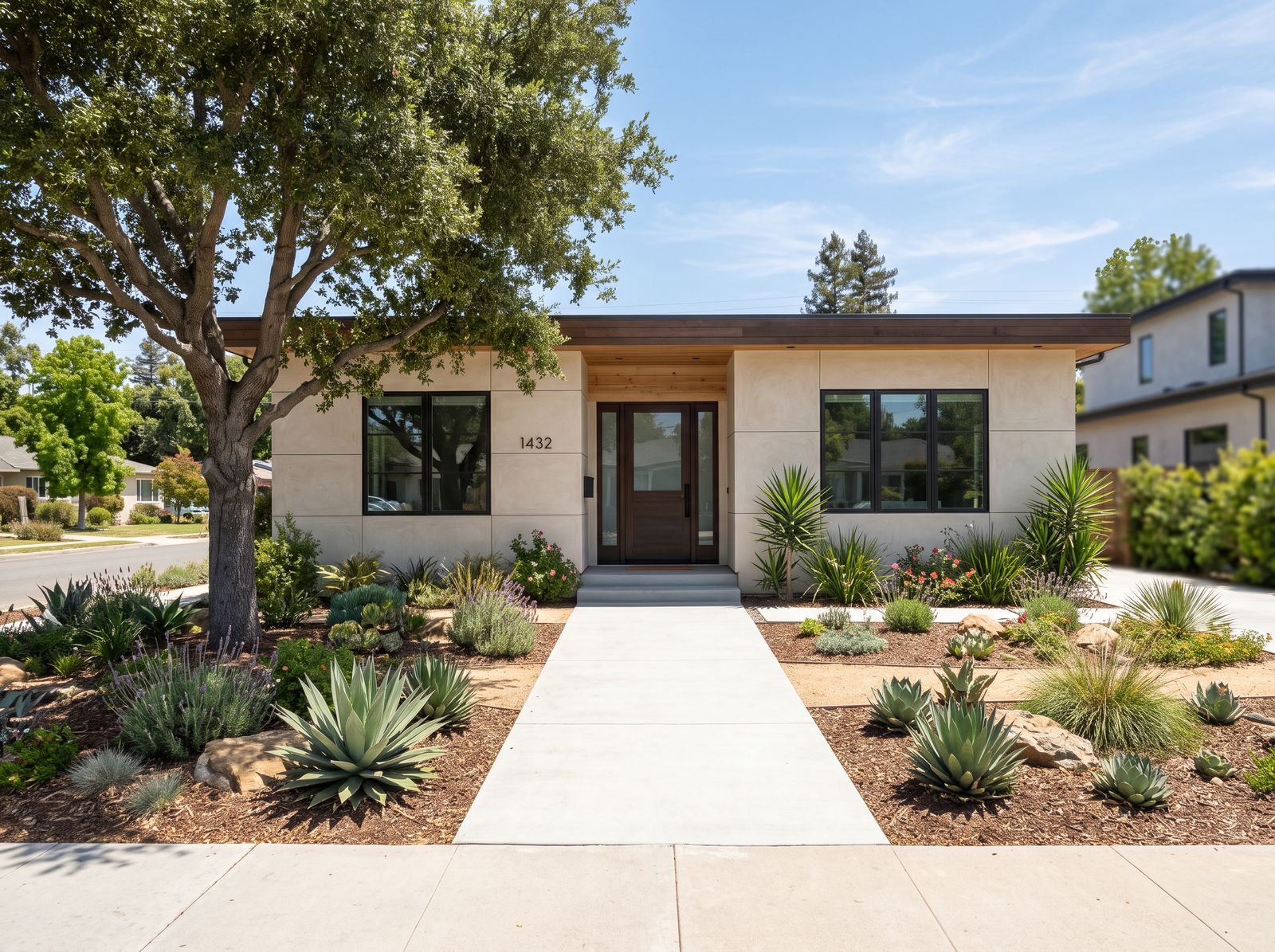 Bright single-story Southern California home with a front walkway and mature trees