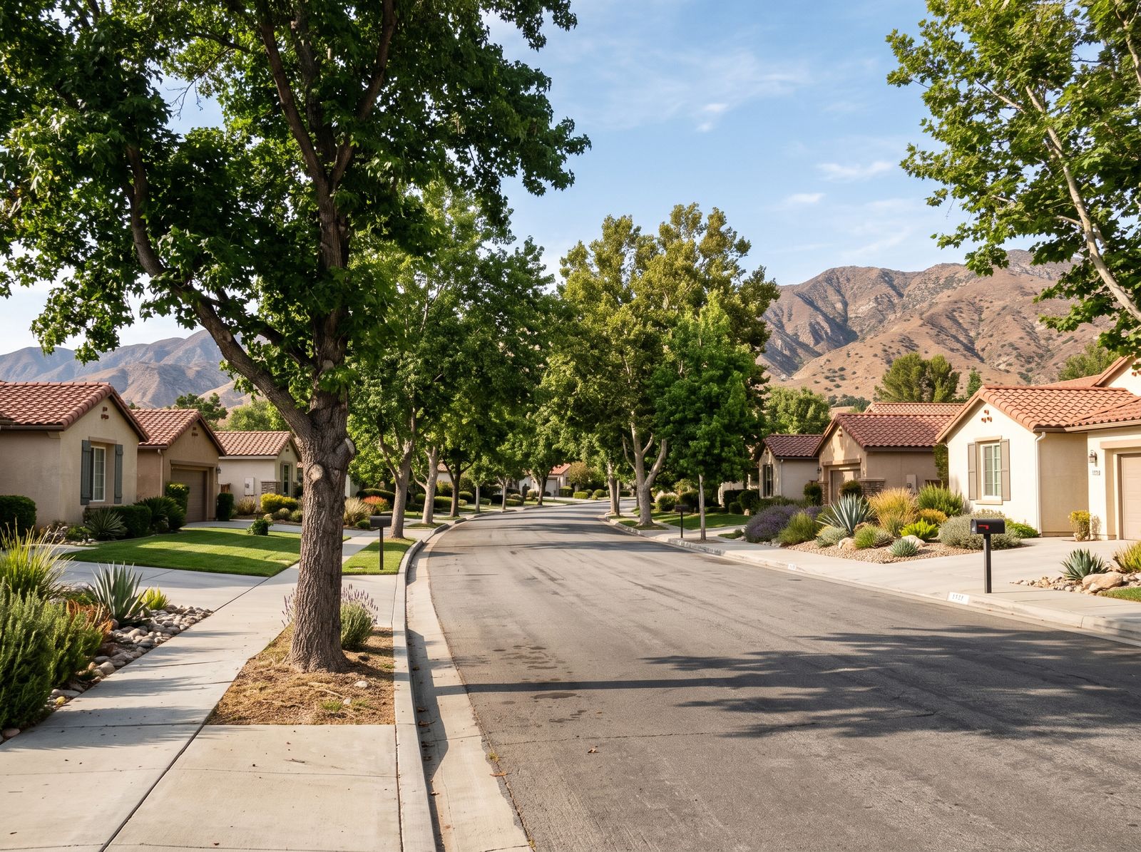 Residential street in Loma Linda with hills in the background