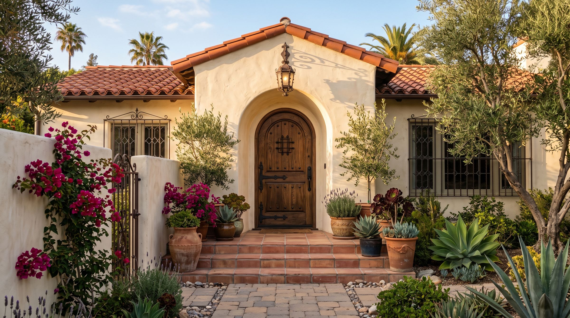 Front entry of a Spanish-style Inland Empire home with a tiled roof and arched doorway