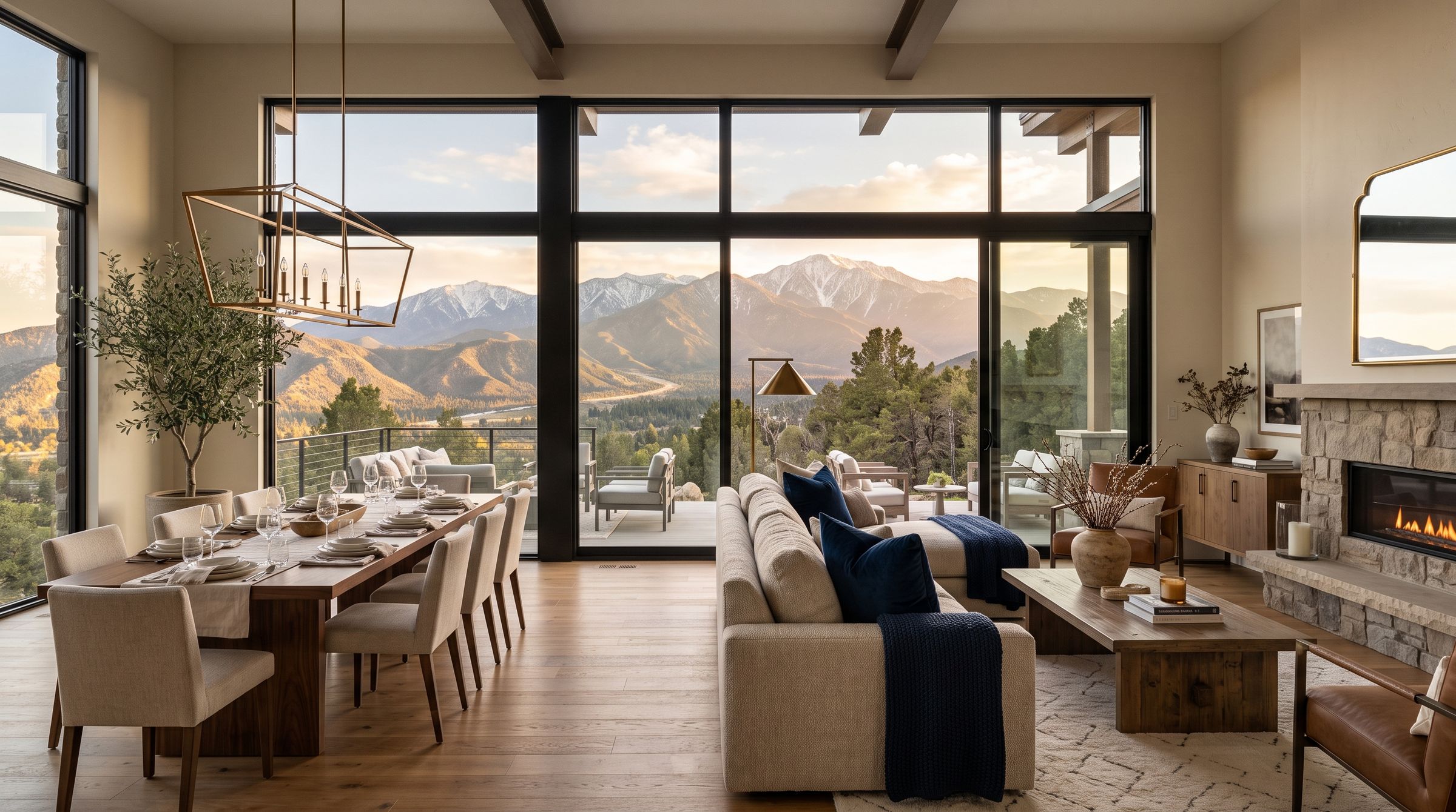 Staged living room with a view toward the San Bernardino Mountains